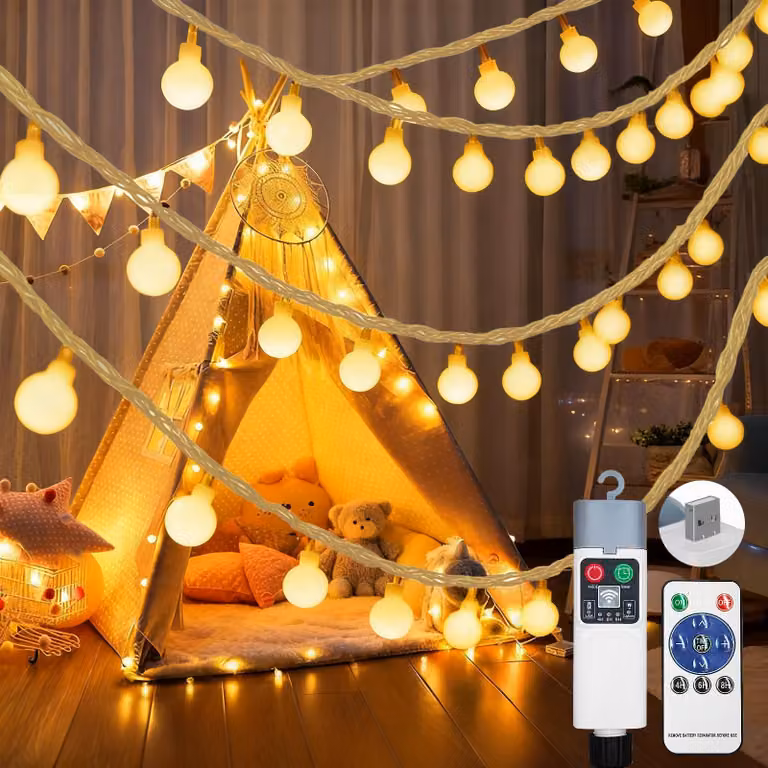 Catena luminosa a LED, 7 metri, 50 lampadine a forma di sfera, alimentazione a batteria, telecomando, timer, grado di protezione IP65