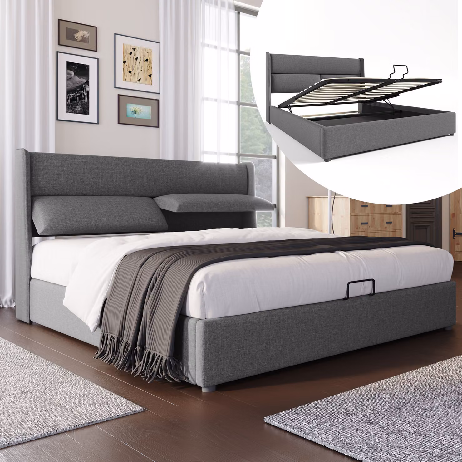 Letti a molle MODFU letto matrimoniale 180x200 cm letto imbottito con testiera regolabile, letto idraulico con rete a doghe, letto contenitore, grigio (senza materasso)