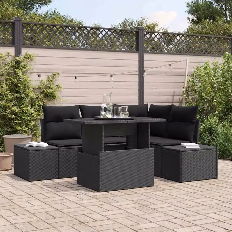 Set Divano da Giardino vidaXL a Forma di L con Tavolino e Cuscini Nero
