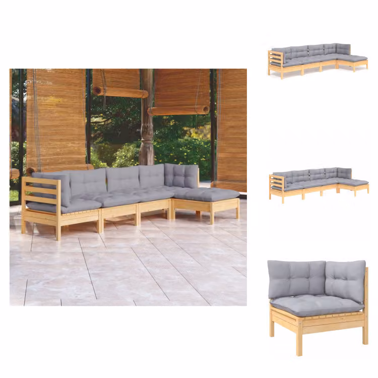 vidaXL Set di 5 pezzi da giardino con cuscini grigi in legno di pino - Set di mobili da giardino