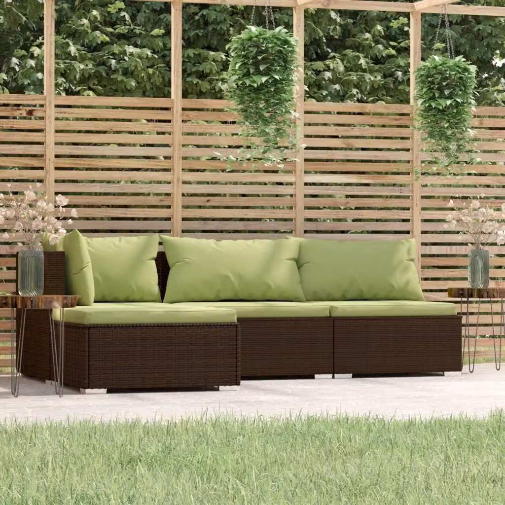The Living Store Set salotto da giardino 4 pezzi con cuscini in poly rattan marrone