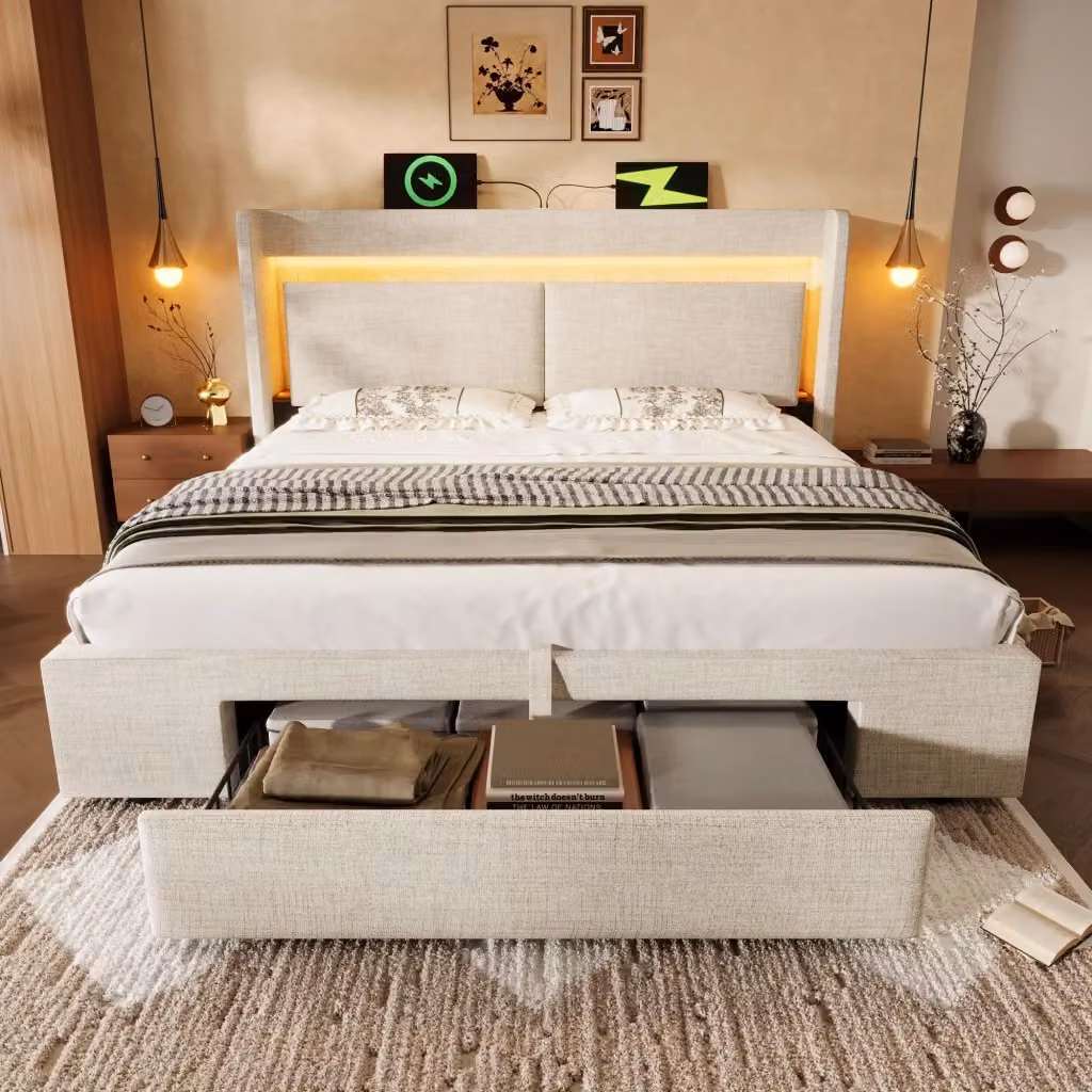 Letto contenitore Mivray con testiera portaoggetti, illuminazione LED e porte USB/USB-C, rivestimento in lino beige, L/P/H: 140 x 200 x 151 cm – 2