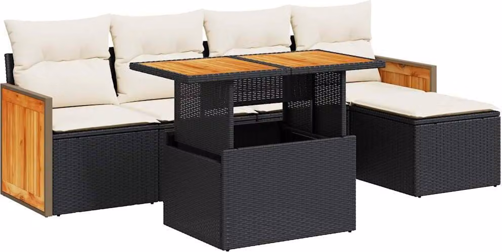 Set Divano da Giardino 6 pz con Cuscini Nero Polyrattan Acacia