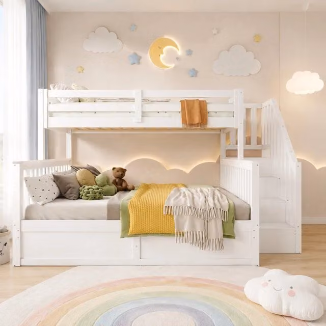Letto a castello ULEVR 90x200 + 140x200 cm con contenitore idraulico e scala contenitore, bianco e naturale