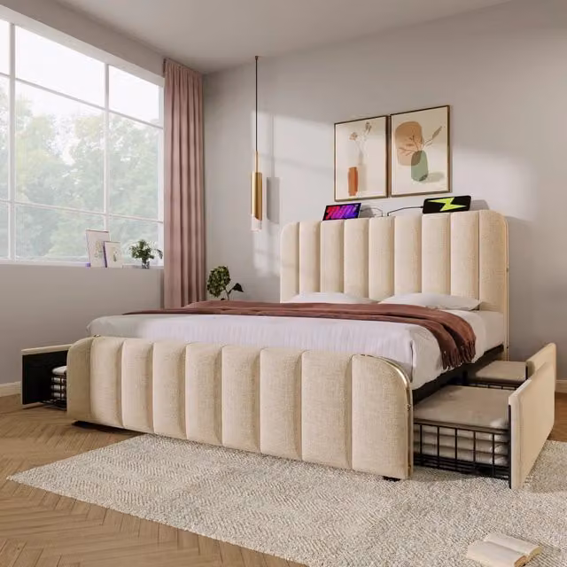 Letto matrimoniale 160x200 cm con 4 cassetti; USB e USB-C; rivestimento in lino beige