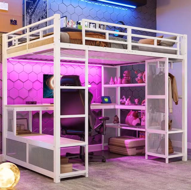 Letto a soppalco ULEVR 140x200 cm con scrivania, scaffalatura a 3 livelli, armadio aperto e LED, bianco
