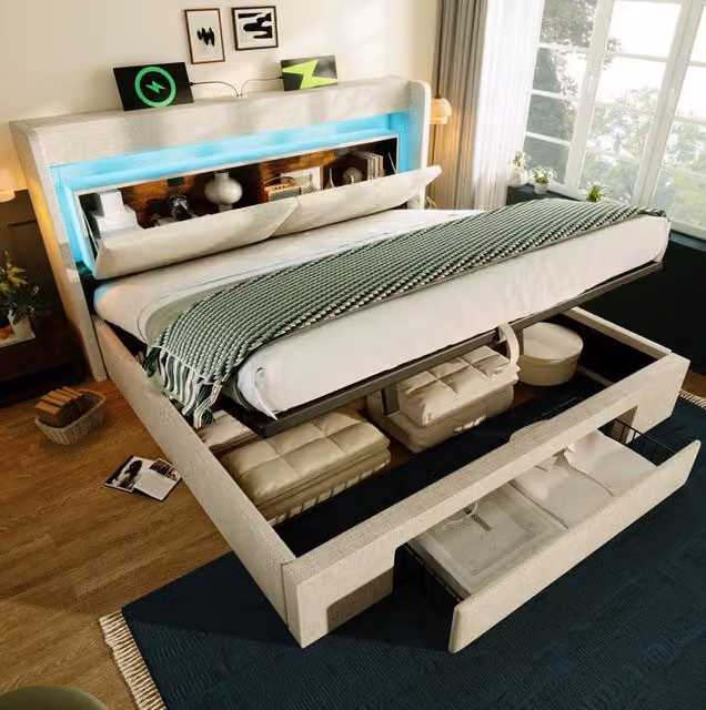 Letto contenitore ULEVR 180x200 cm con vano idraulico, cassetto, LED, USB e USB-C, beige in lino