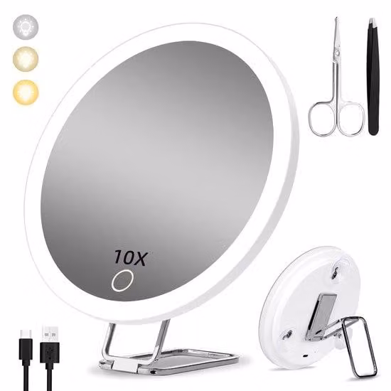 Grande specchio da trucco da viaggio con ingrandimento 10x e 3 livelli di illuminazione, regolabile, di grandi dimensioni, portatile, ricaricabile, forte ingrandimento, con base