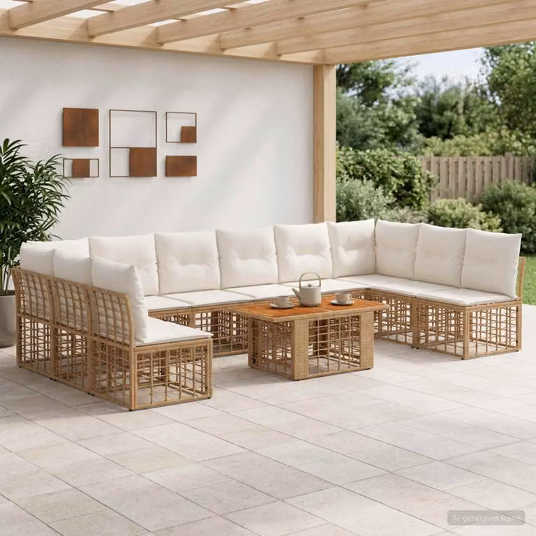 Set Divano da Giardino vidaXL 11 pz in Polyrattan con Cuscini, Colore Naturale e Bianco Crema