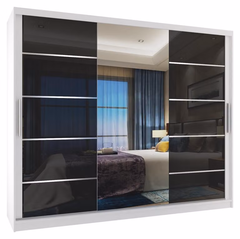 BELINI Verona, armadio scorrevole da 232 cm, bianco/nero lucido - armadio con specchio e 4 cassetti, ideale per la camera da letto