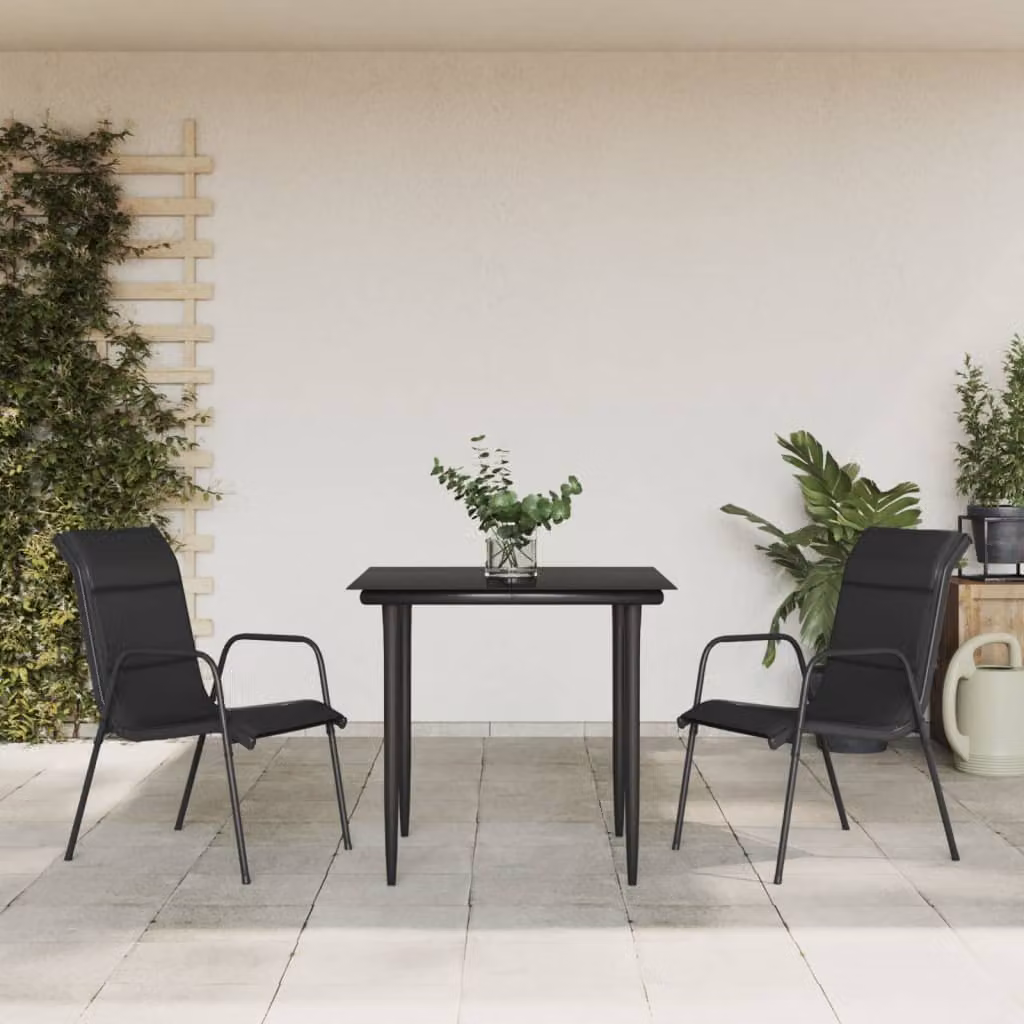 Set da pranzo da giardino vidaXL in 3 pezzi nero antracite con tavolo in vetro e sedie in acciaio verniciato a polvere