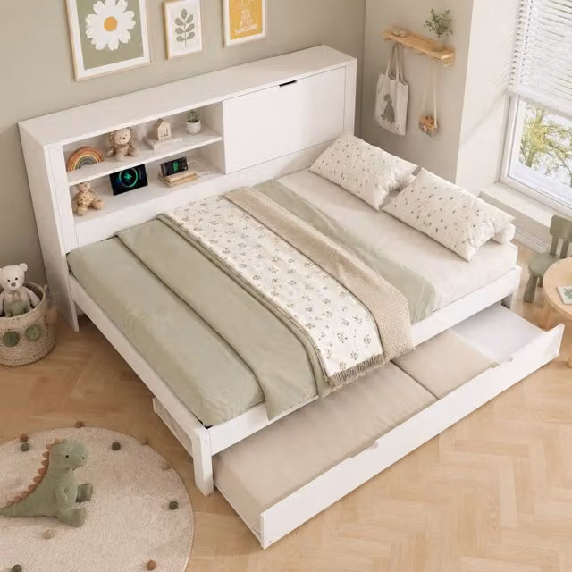 Divano letto 140x190 cm bianco in legno con letto estraibile e ricarica USB