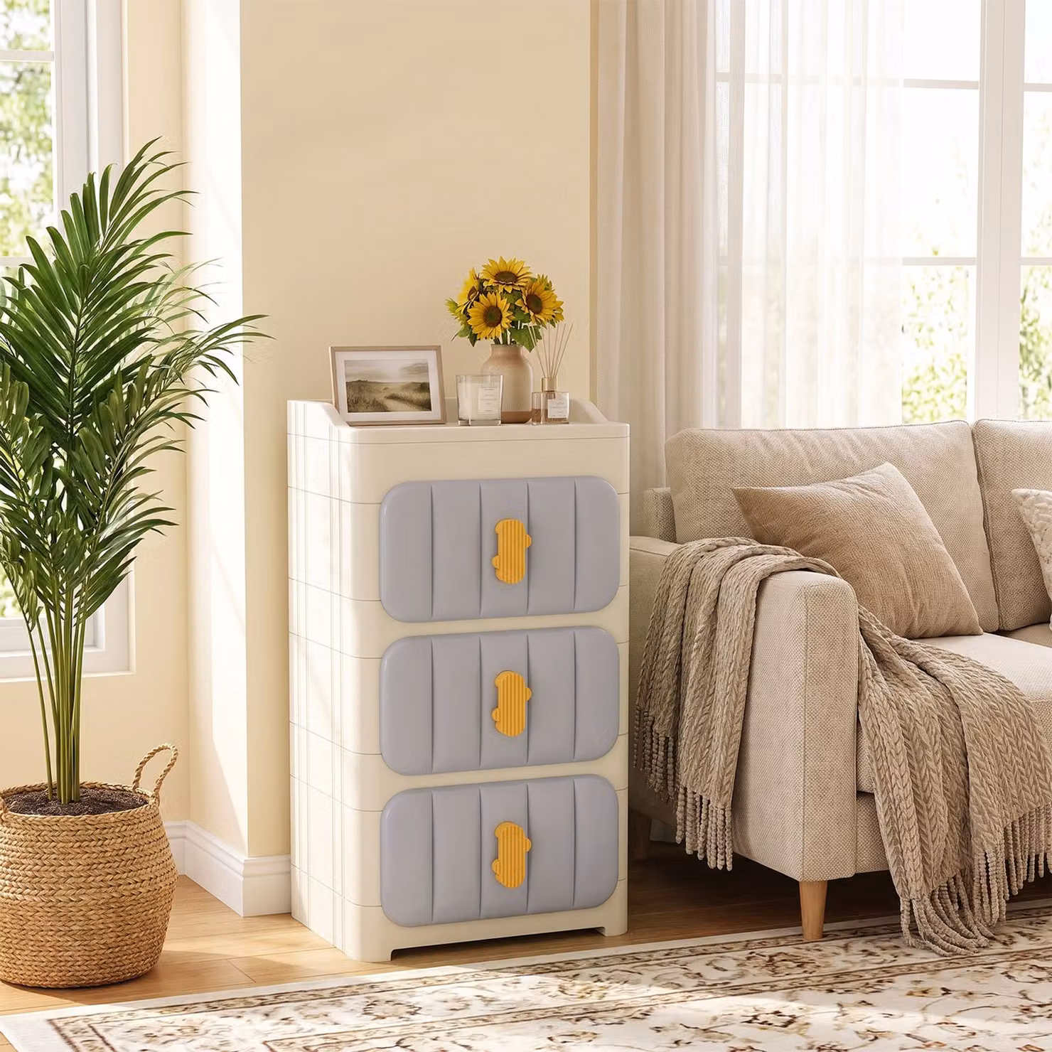 Costway Cassettiera in pp a cassetti con maniglie a forma di cactus per soggiorno e camera da letto, Mobile contenitore con dispositivo anti-ribaltamento e bo