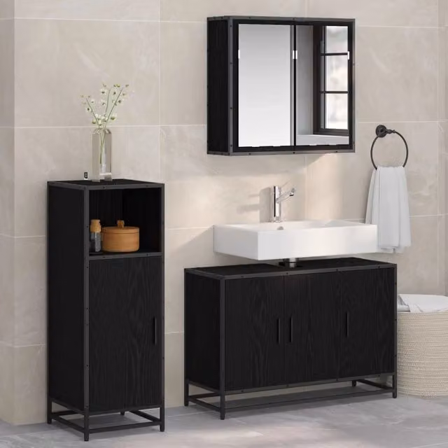 Set di mobili da bagno vidaXL composto da armadietto specchio, mobile lavabo e pensile nero opaco L/P/H: 90 x 33 x 60 cm