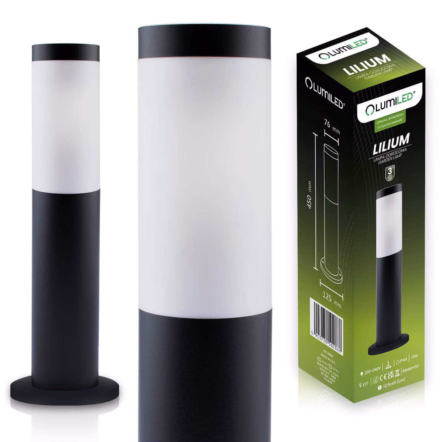 LUMILED lampada da terra per esterni 45cm luce bitta IP44 acciaio inox E27 luce da giardino lampada da terra nera luce sentiero luce da esterno lampada da terra da esterno