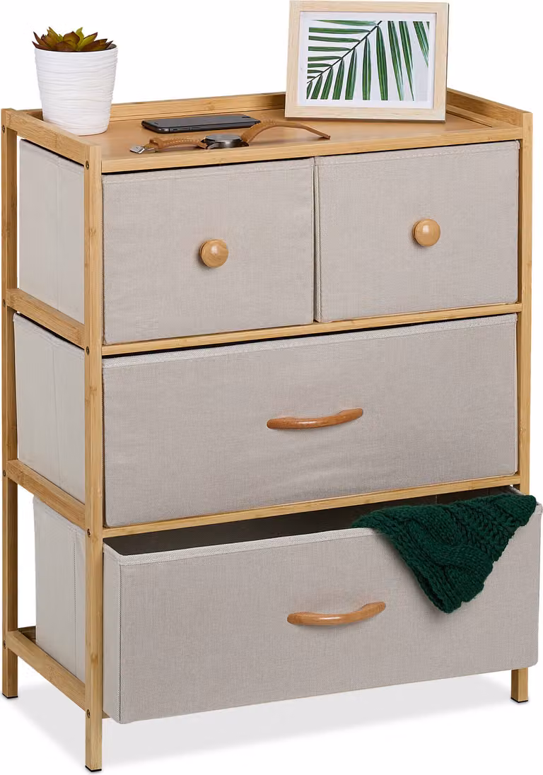Comodino Relaxdays, bambù, 4 cassetti in tessuto, ingresso, camera da letto, L x P x A 73 x 57,5 x 30 cm, cassettiera, naturale/beige