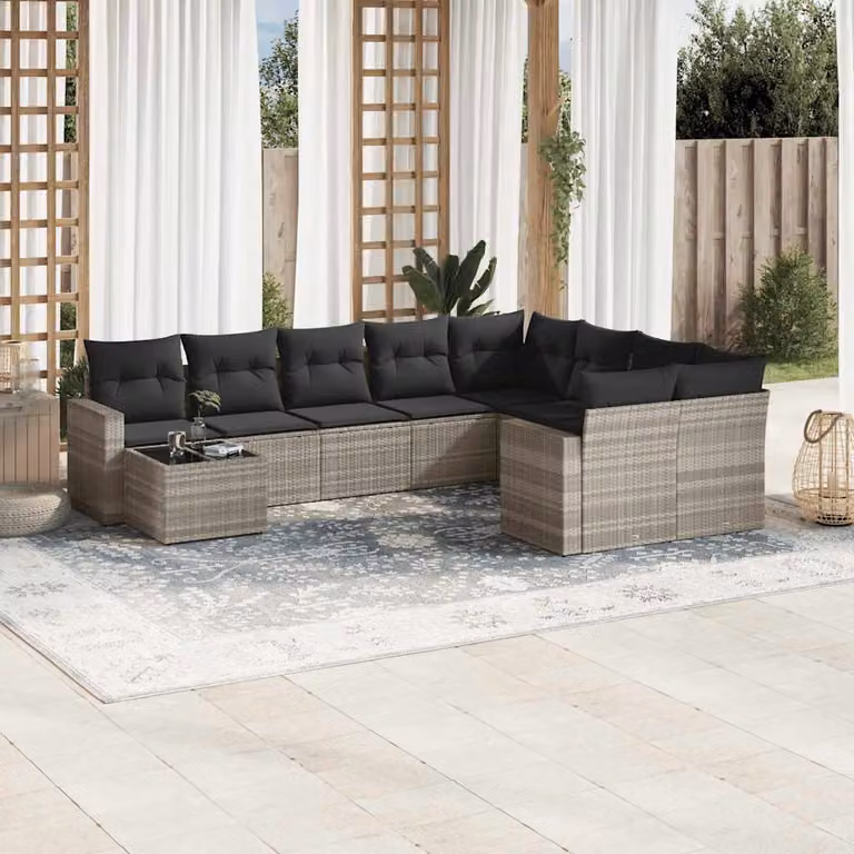 Set Divano da Giardino vidaXL 10 pz in Polyrattan Grigio con Cuscini e Tavolino