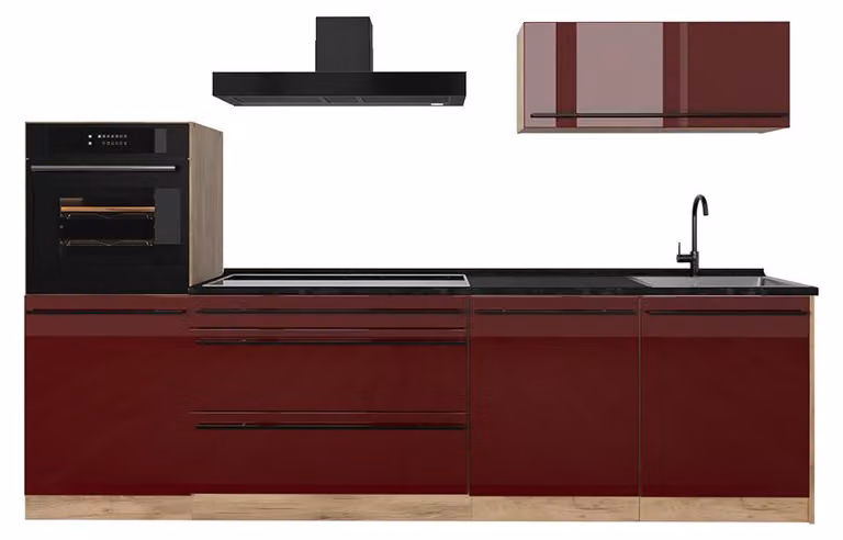 Cucina componibile Vicco R-Line Rosso lucido/Rovere dorato 280 cm piano di lavoro Antracite, Model 66485
