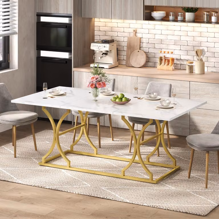 Tavolo da pranzo rettangolare Flieks, tavolo da cucina per 8-10 persone, tavolo da pranzo in marmo, 200x80x76cm, tavolo con gambe in metallo dorato, bianco