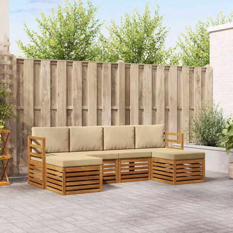 Set di divani da esterno vidaXL a forma di L in legno di acacia con cuscini, 6 pezzi, Beige e Sabbia