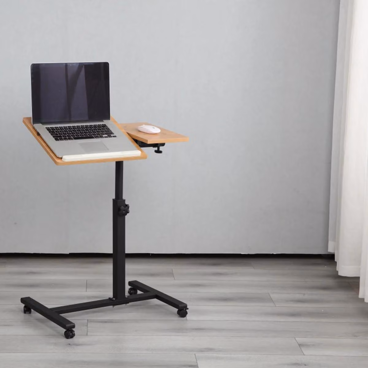 Tavolino per laptop su ruote - Tavolino per computer - A forma di U - Piano inclinabile - Altezza 58–90 cm - 60 x 34,5 cm - Grigio chiaro