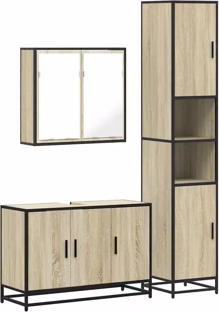 Set Mobili da Bagno Industrial in Legno e Metallo, Colore Marrone e Beige, Composizione con Mobile Lavabo, Armadietto Pensile e Specchio con Armadietto, L/P/H: 188.5 x 90.0 x 37.5 cm