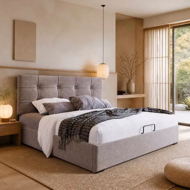 Letto matrimoniale imbottito 140 × 200 cm con contenitore testiera regolabile in velluto grigio chiaro