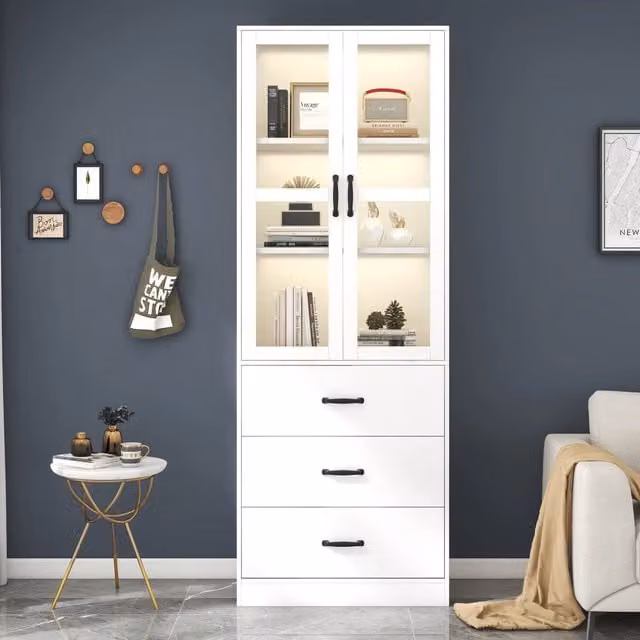 Vetrina Mivray moderna con 2 ante in vetro, 3 cassetti, ripiani interni e illuminazione LED integrata, bianca opaca
