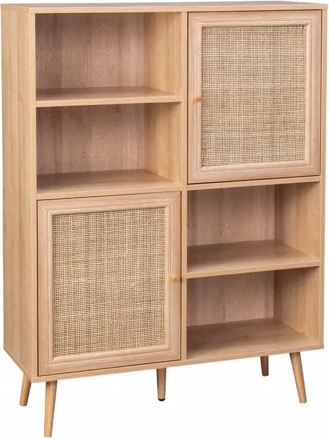 Credenza Sweeek in legno e rattan stile boho, marrone naturale