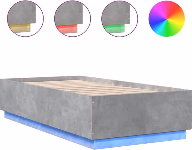 Letto singolo moderno in legno multistrato con luci LED sottobasso e porta USB, colore grigio cemento, L: 75 cm, P: 190 cm, H: 40 cm – 1