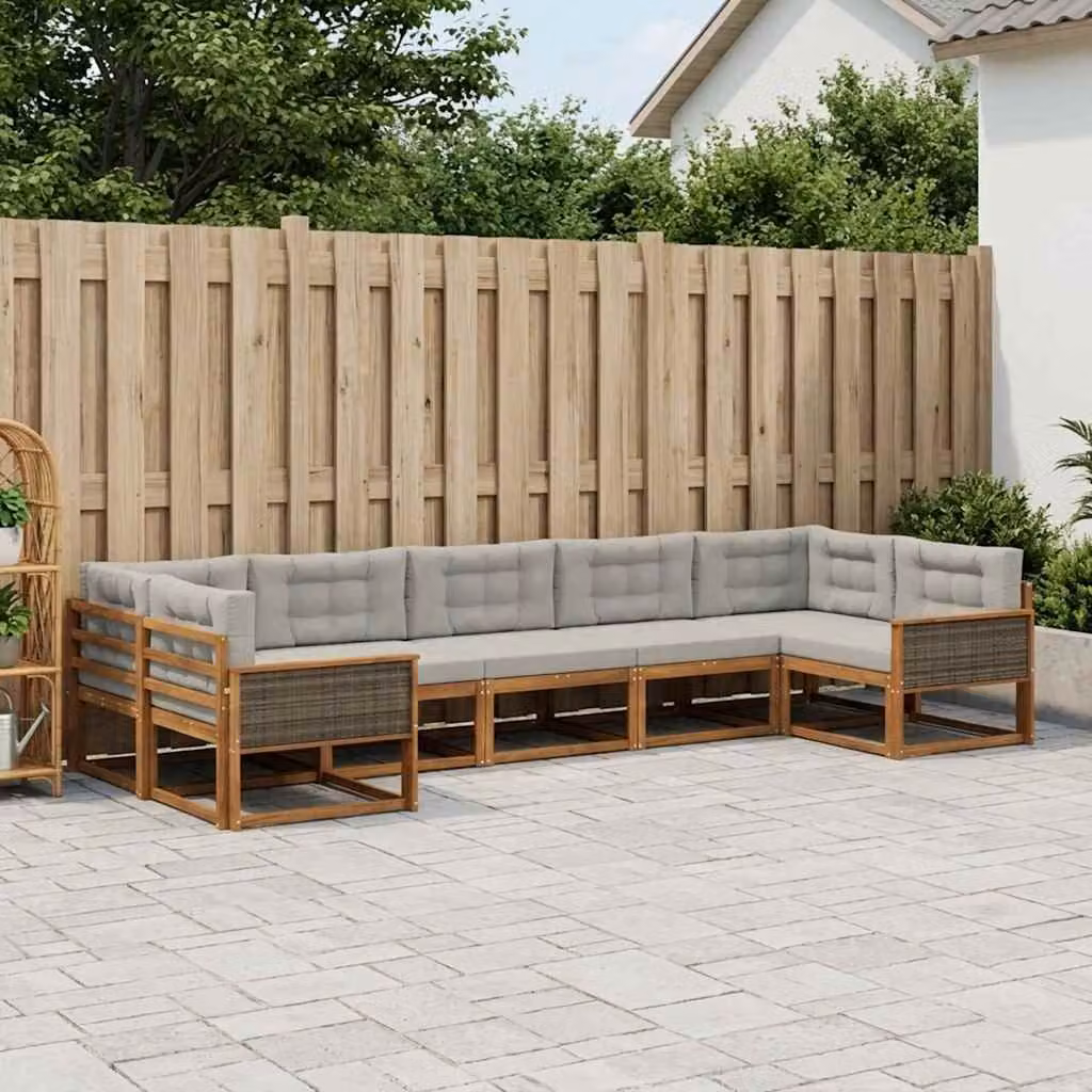 vidaXL Set di divani da esterno a L in legno di acacia con cuscini, 7 pezzi, Marrone e Grigio