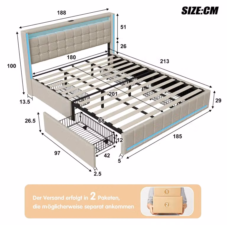 Letto matrimoniale imbottito 180x200 cm, con rete a doghe, testiera imbottita in lino, 4 cassetti contenitori, illuminazione LED, porta USB, senza materasso, color beige