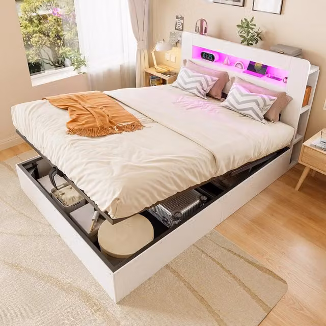 Letto contenitore Mivray in legno bianco con illuminazione LED e vani contenitore, L/P/H: 140 x 200 x 107 cm