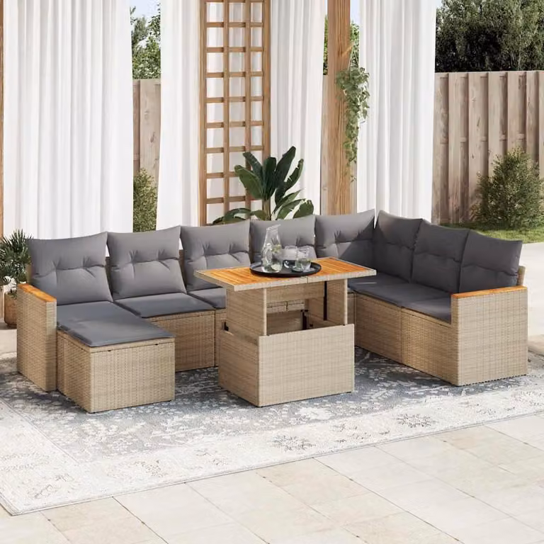 Set Divano da Giardino vidaXL 9 pz in Polyrattan e Legno di Acacia con Cuscini Beige e Grigio