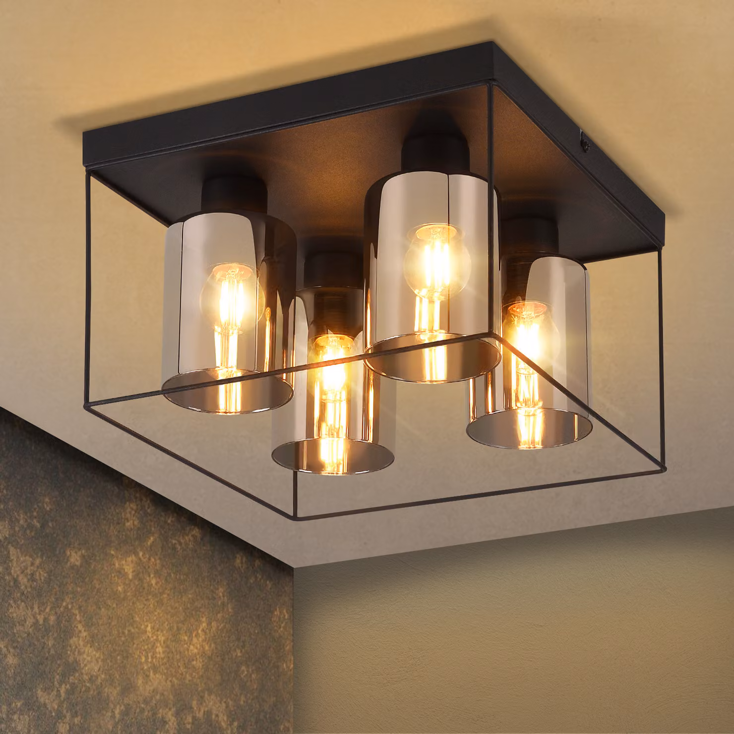 Lampada a soffitto ZMH, ideale per corridoi, con 4 luci, attacco E27, finitura nera in metallo, stile industriale e retrò, adatta per cucina, camera da letto e ufficio