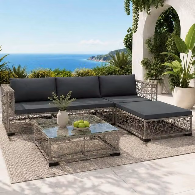 5-piece Garden Lounge Set With Cushions, Poly Rattan, Grey