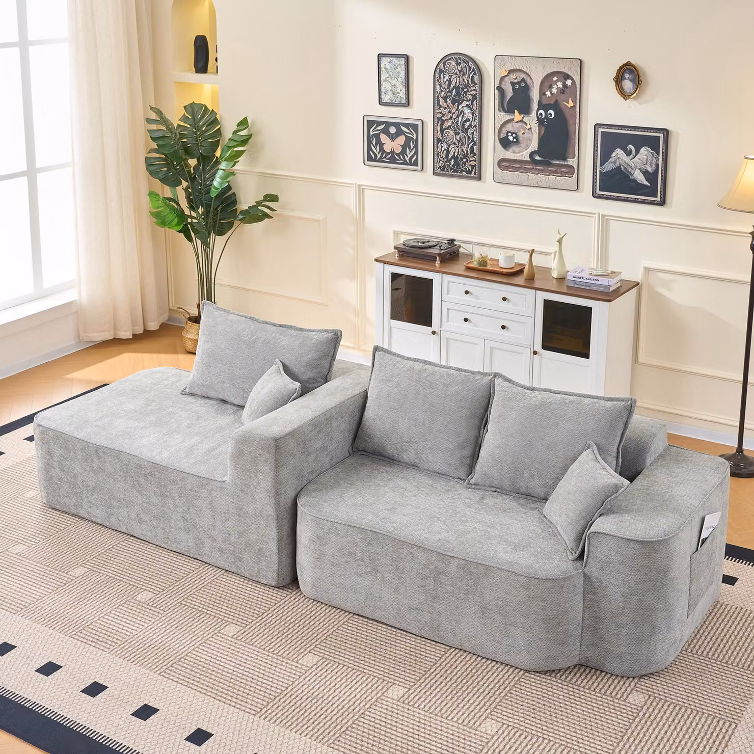 Divano angolare okwish, divano letto, 3 posti, divano modulare flessibile con tasca laterale, ampio spazio relax, tessuto in chenille, grigio