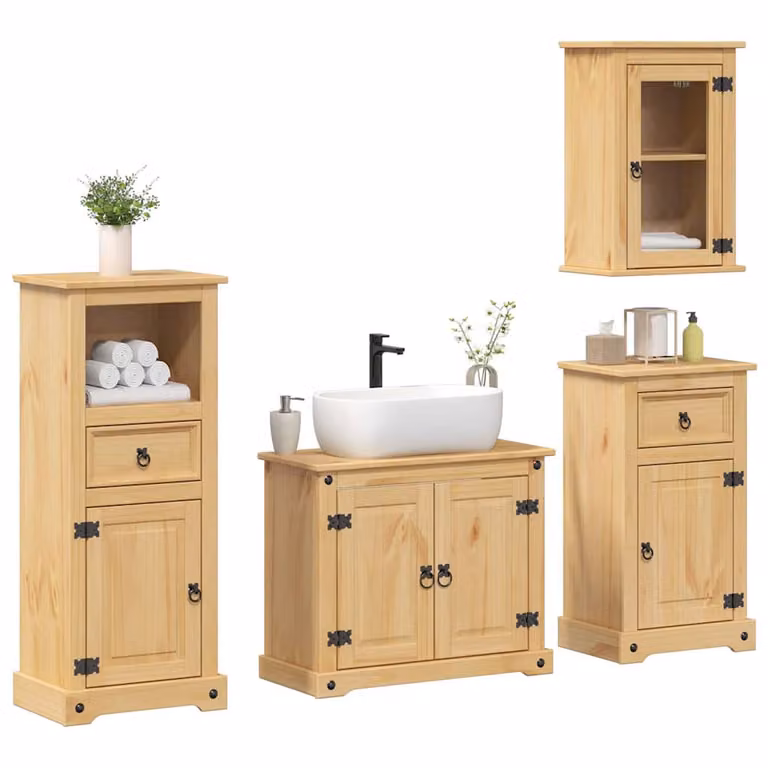 Set di mobili da bagno vidaXL Corona in legno massello di pino color marrone e beige, composto da 4 pezzi con armadietto a muro, mobile lavabo, mobile laterale e colonna alta, finitura cerata rustica