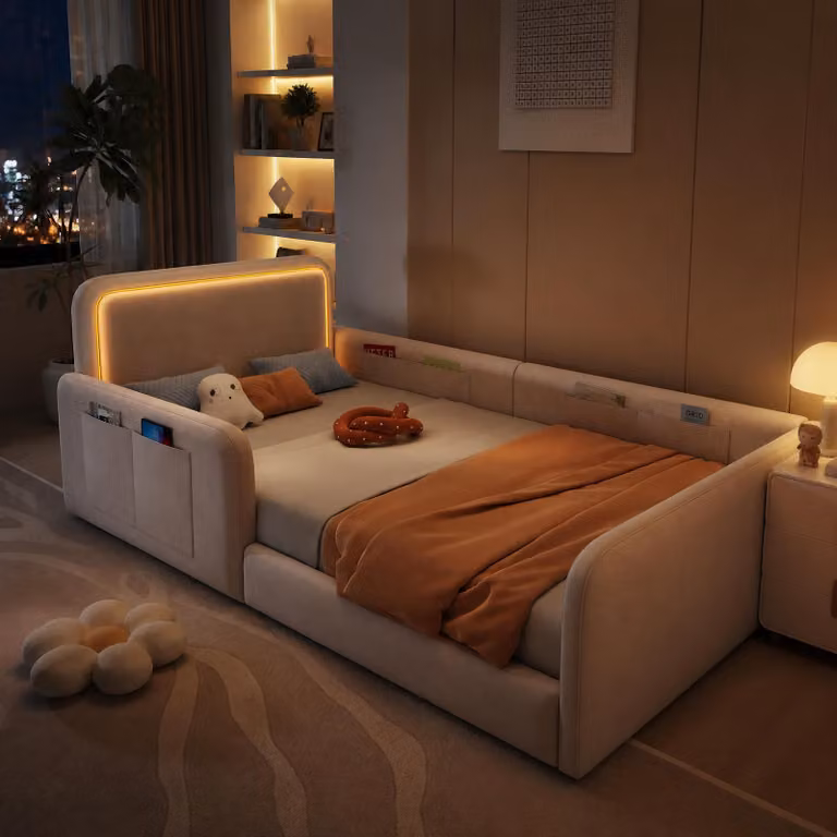 Letto imbottito 90 x 200 cm con illuminazione a LED, controllo tramite app e pulsanti, tasche laterali, rete a doghe e rivestimento in velluto, color beige