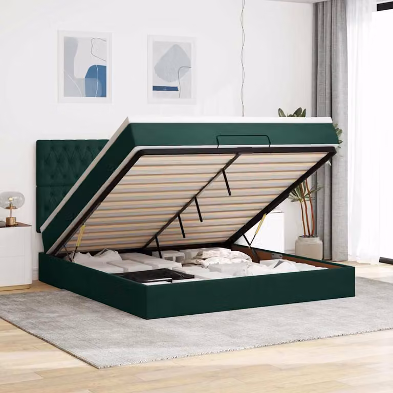 Letto con contenitore a sollevamento vidaXL in velluto verde e bianco con materasso L: 160 cm, P: 200 cm, H: 128 cm