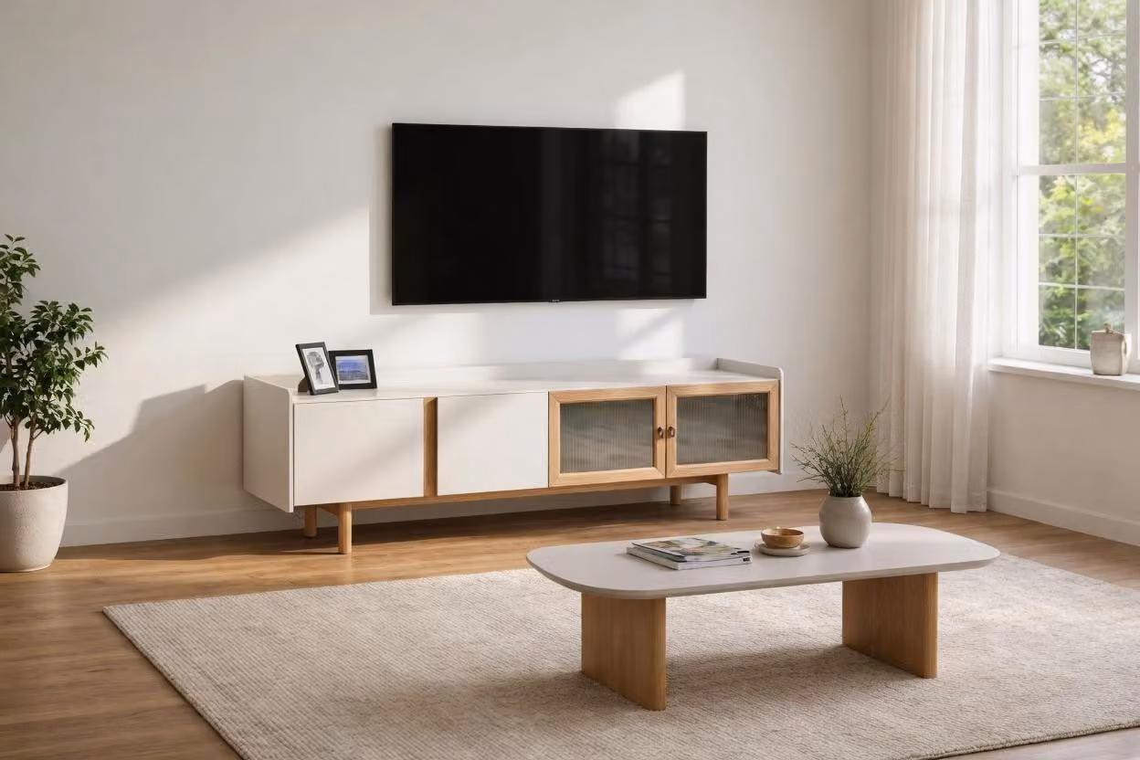 Set da salotto in stile scandinavo moderno: mobile TV basso e tavolino da salotto