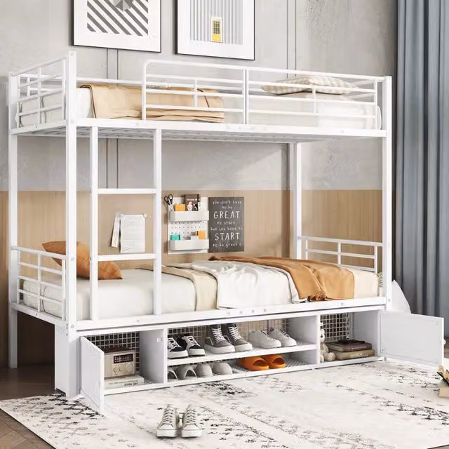 Letto a castello 90 × 200 cm 2 posti con scarpiera, 2 armadietti e protezione anticaduta, senza materasso, bianco