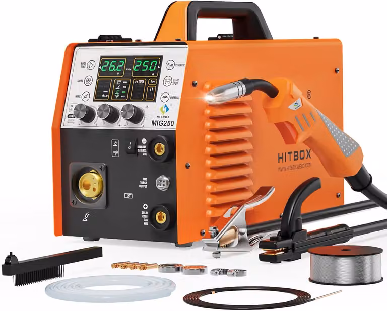 Saldatrice MIG multifunzione 6-in-1, con o senza gas, 250A, 230V, inverter digitale con display LED, adatta per filo animato e filo massiccio, MIG/ARC/TIG (con accensione a sollevamento), per saldatura di alluminio