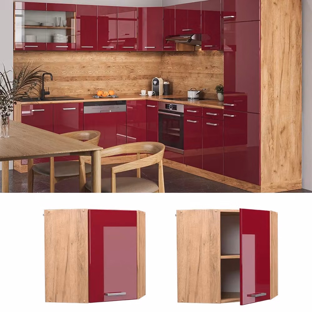 Mobile angolare da cucina moderno Vicco con ante a battente, Rosso lucido e Rovere, L: 57 cm, P: 31 cm, H: 60 cm – 2