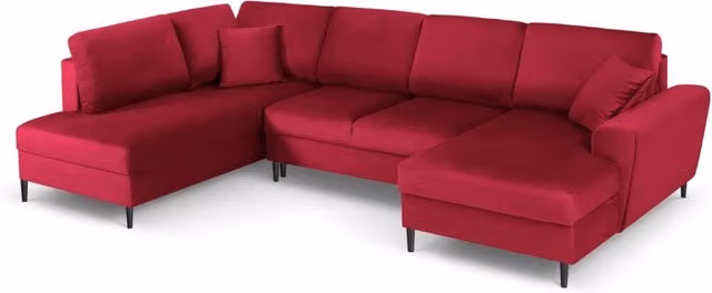 Divano panoramico convertibile Kyoto di Cosmopolitan Design con contenitore, modello a L con lato sinistro, rivestimento in velluto rosso, 7 posti, L/P/H: 313 x 175 x 88 cm – 1