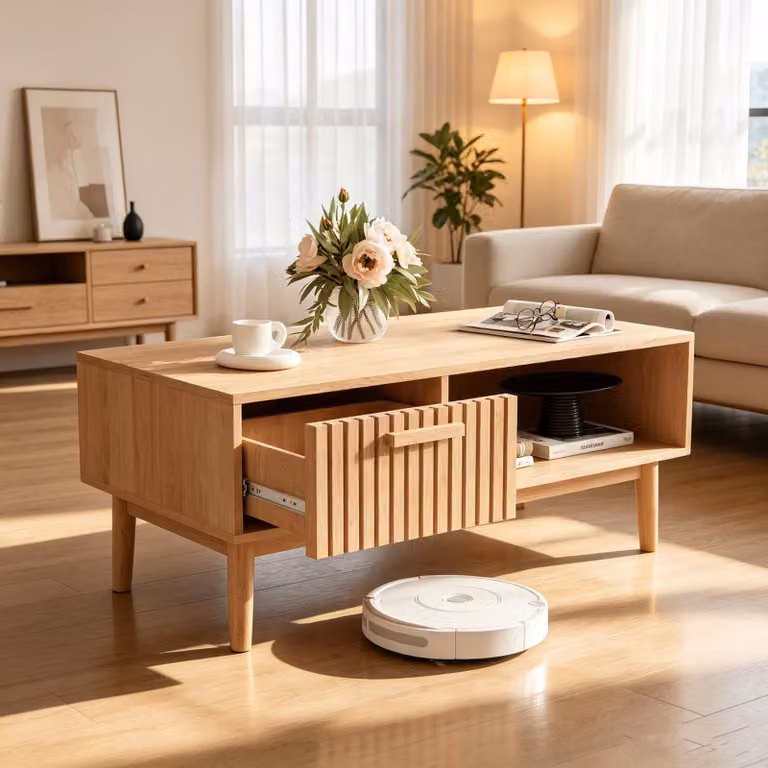 Tavolino da divano in legno con cassetto e ripiano aperto, tavolino da salotto, tavolino ausiliario con spazio contenitivo, forma rettangolare, dimensioni 100x50x43 cm, colore marrone