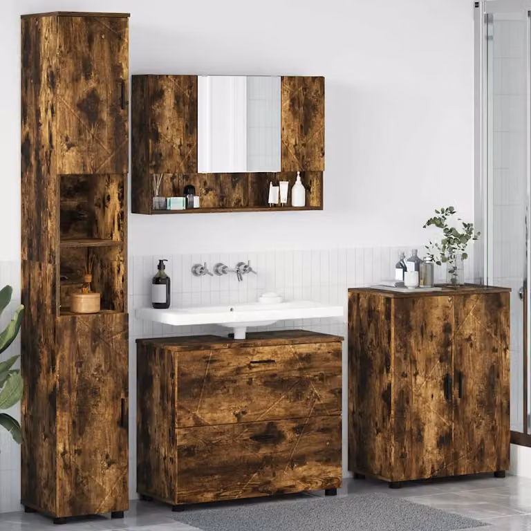 Set di mobili per il bagno vidaXL 4 pezzi in rovere e nero, L/P/H: 35 x 30 x 192 cm
