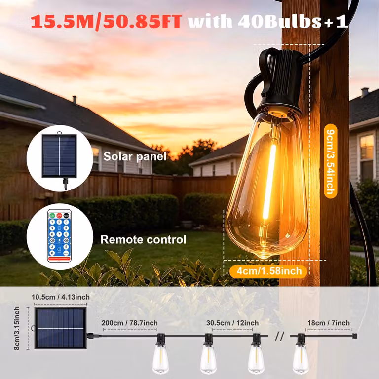 Catena luminosa solare - ST38 - Catena luminosa a LED - 15,5 metri - 40 lampadine - Telecomando - 4 livelli di luminosità - Funzione automatica di accensione al crepuscolo - Grado di protezione IP44 (resistente all'acqua)