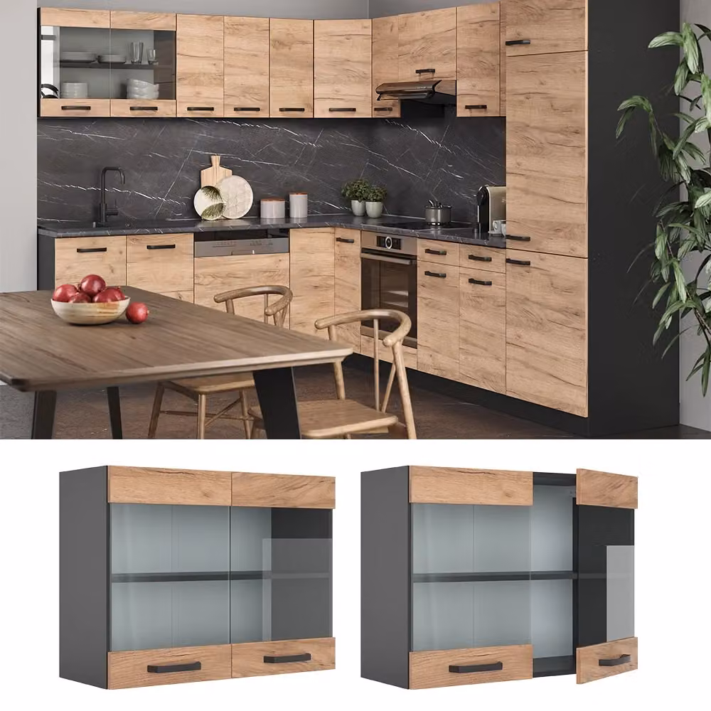 Pensile da cucina Vicco R-Line in rovere, vetro e metallo, colore antracite e oro, L: 80 cm, H: 60 cm, P: 31 cm – 2