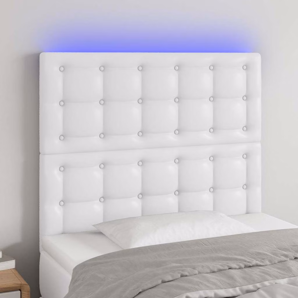 Testiera per letto vidaXL in similpelle bianca con illuminazione LED e porta di ricarica USB, L 100 cm, P 5 cm, H 118-128 cm